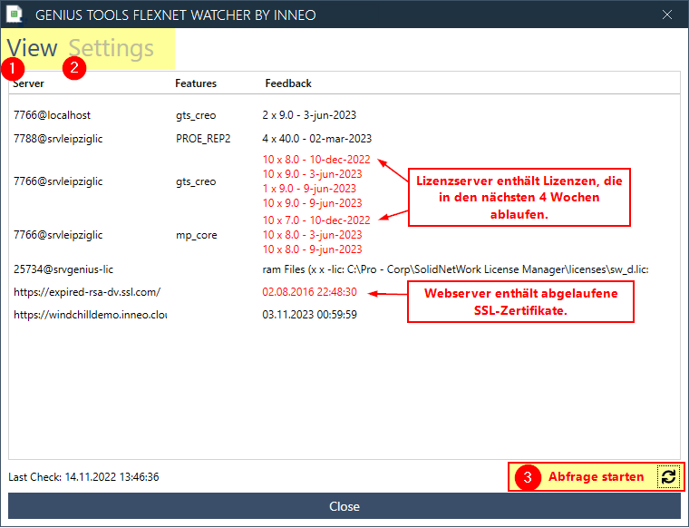 Registerkarte View (Anzeige) im Dialogfenster von GENIUS TOOLS Flexnet Watcher