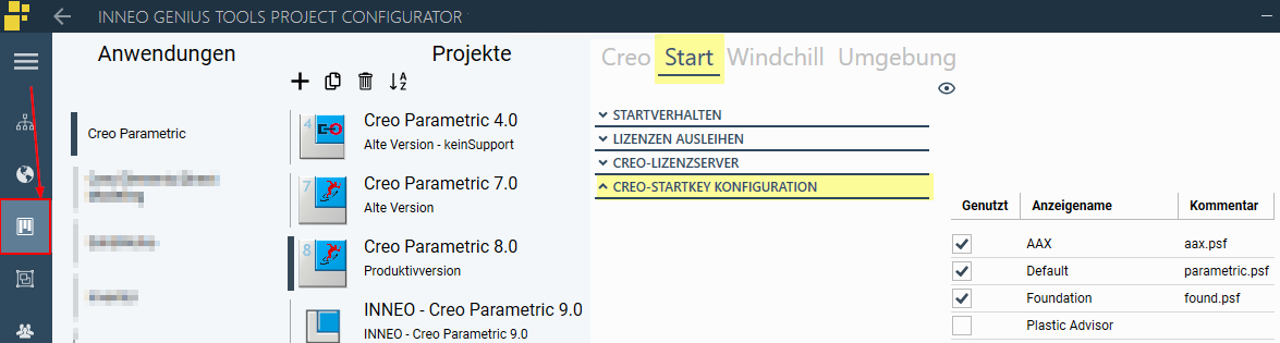 ...und Auswahl der Startkeys, die als Projektoption zu Verfügung stehen sollen (GENIUS TOOLS Project Configurator Version 9.0.0.0)