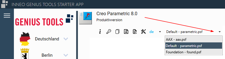 Projektoption mit drei Creo-Startkeys (GENIUS TOOLS Starter App Version 9.0.0.0) Projektoption mit drei Creo-Startkeys (GENIUS TOOLS Starter App Version 9.0.0.0)