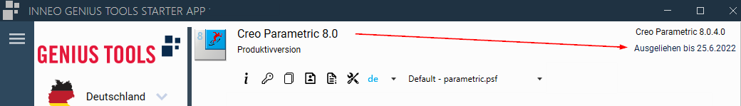 Projekt mit ausgeliehener Creo-Lizenz (GENIUS TOOLS Starter App Version 9.0.0.0)