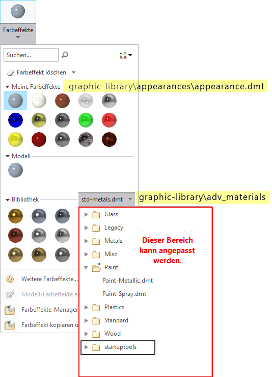 Creo Parametric-Dialog für Farbeffekte mit Bereich der Graphics Library der Startup TOOLS