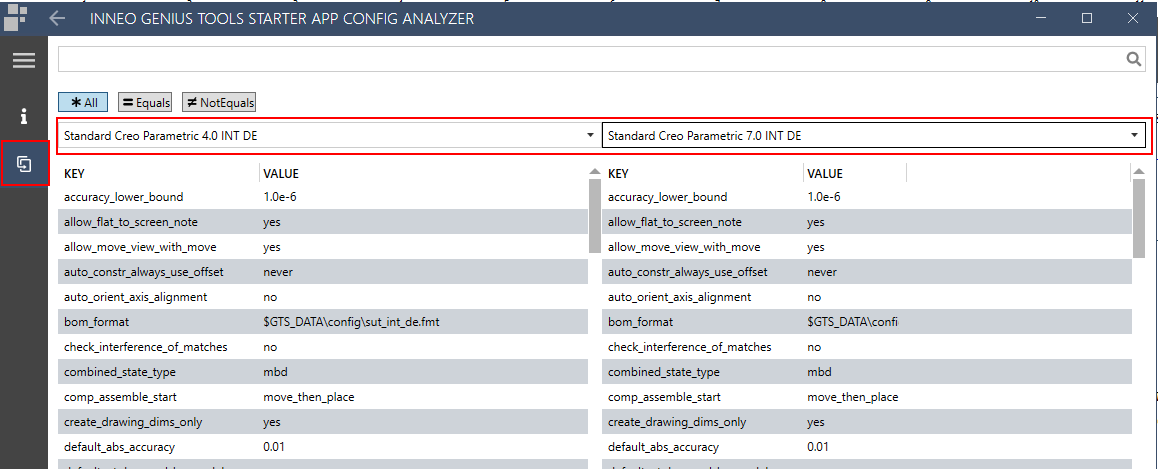 Compare Projects dialog 